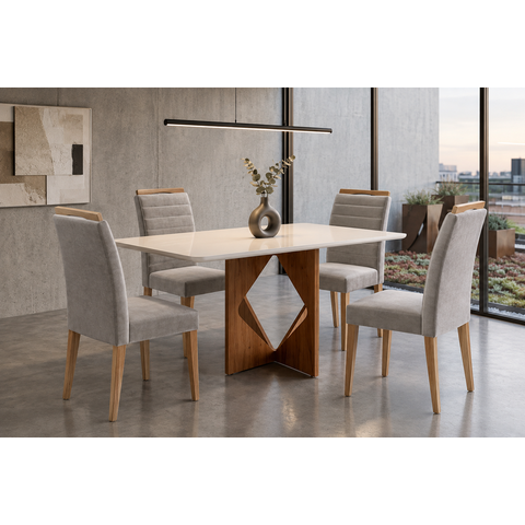 Sala de Jantar Madrid 120cm c/Vidro com 4 Cadeiras Madeira Maciça Madrid Cinamomo/Off Veludo Prata