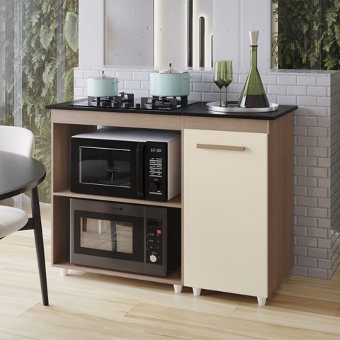 Balcão Cooktop Sara 115cm para Cozinha Espaço Microondas Armário Cor:savana Off White;tamanho:5