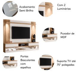 Painel Tv 75 Polegadas Flórida 200 Cm Espelho Luminária Led:carvalho Teca/off White Ártico - 4