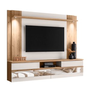 Painel Tv 75 Polegadas Flórida 200 Cm Espelho Luminária Led:carvalho Teca/off White Ártico