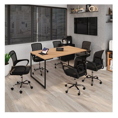 Kit 7 Peças com Uma Mesa de Reunião e 6 Cadeiras de Escritório Tela Mesh Espresso Móveis Preto/Natura