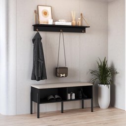 Conjunto Sapateira Banco Estofada e Prateleira - Pé Madeira Oslo Artesano | Nero - 1