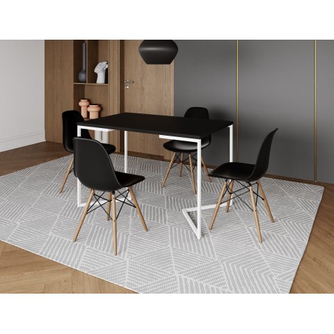 Mesa de Jantar Industrial Base Ferro Branco em  V  Tampo 137x90 Preto 4 Cadeiras Eames Madeira Assen