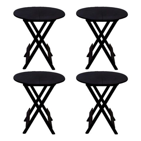 Kit 4 Mesas Redondas Dobráveis Em Madeira Maciça 70X70 Preto Ideal Para Bares E Restaurantes