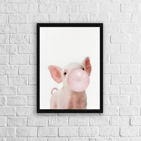 Quadro Porquinho Chicletes 33x24cm - com vidro:Madeira preta