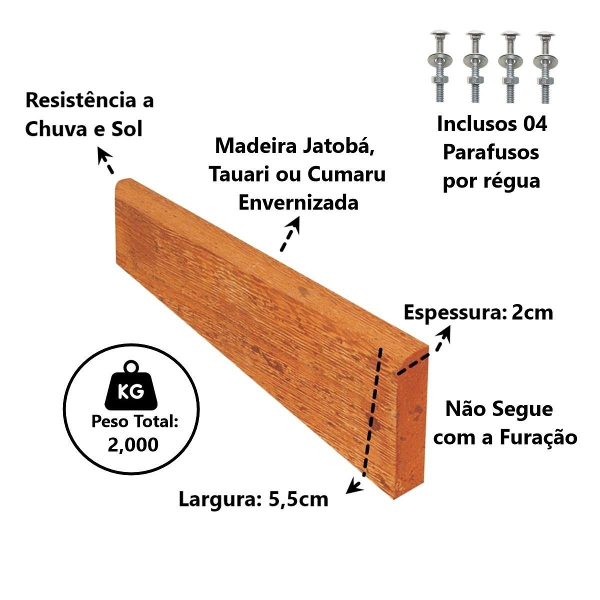 Kit 7 Réguas Pé de Banco Madeira Acabada Verniz 150x5,5x2cm Unicláudio Reguavx7cam - 2