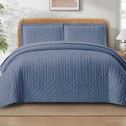 Kit Cobre Leito Elegance Casal Percal 300 Fios Colcha Matelassê Plissado 3 Peças Azul Jeans