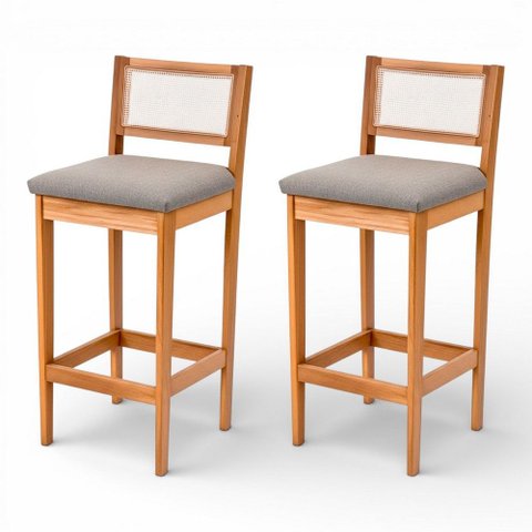 Kit 02 Banquetas Altas Brunella 99cm com Encosto Telinha Estilo Palha Linho Cinza Claro - Desk Desig