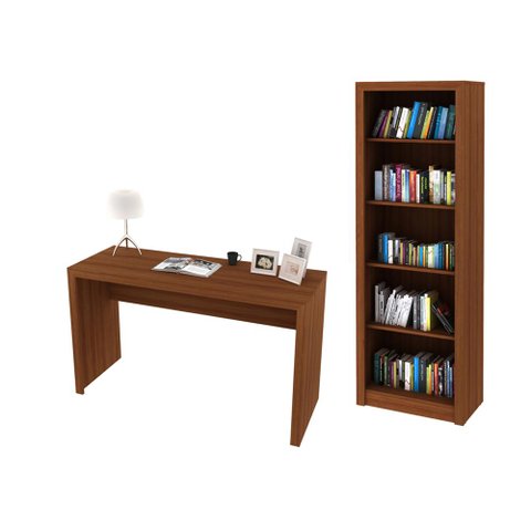 Escritório com Mesa para Computador Simples Gavetas com Armário Prateleiras Portas Amendoa - Fdecor