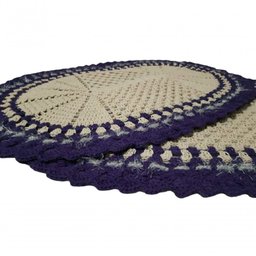 Tapete de Crochê Oval Branco e Azul Artesanal - 3