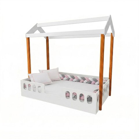 Cama Casal Agatha MDF com Colchão Enxoval Completo Trança 5,5m Quarto Menina Baby - Rosa e Cinza