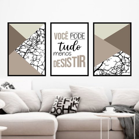 Kit 3 Quadros Você Pode Tudo - Cinza 33x24cm - com vidro:Madeira preta