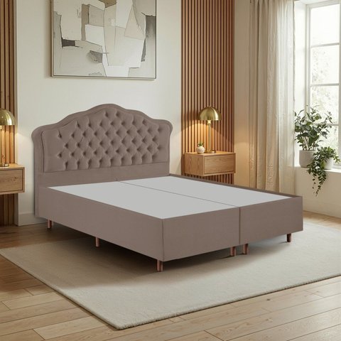 Kit Cama Box Queen + Cabeceira Estofada em Madeira Maciça Curva Provençal com Capitonê Marrom