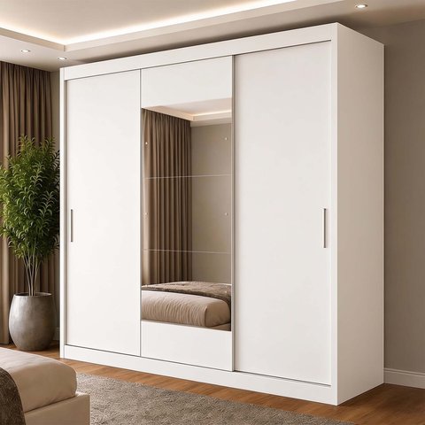 Guarda-Roupa 100% MDF 3 Portas de Correr 4 Gavetas com Espelho 193x213x55cm Branco