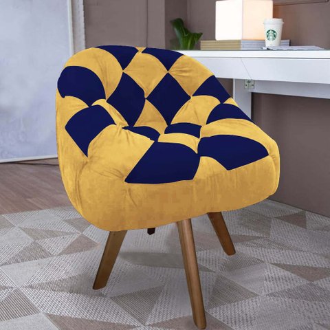 Poltrona Paloma Escritório Sala Giratória Madeira Suede Mostarda e Suede Azul Marinho - Dominic Deco