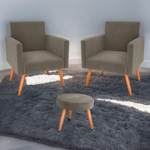 Jogo de Poltronas e Puff Milan Veludo Conforto Cappuccino Matrix 64cm 110kg