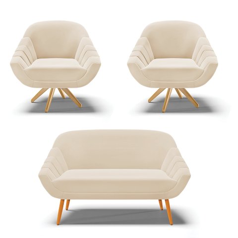 Kit 01 Namoradeira 02 Lugares e 02 Poltronas Giratória Giovana Suede Bege Base Madeira MA30 - D'