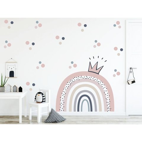 Adesivo de Parede Infantil Arco Íris Boho e Bolinhas Meninas