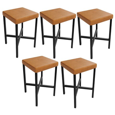 Kit 05 Banquetas Baixa Bar Cozinha Sala de Jantar Preto Stella L02 Couríssimo Canela - Lyam Decor