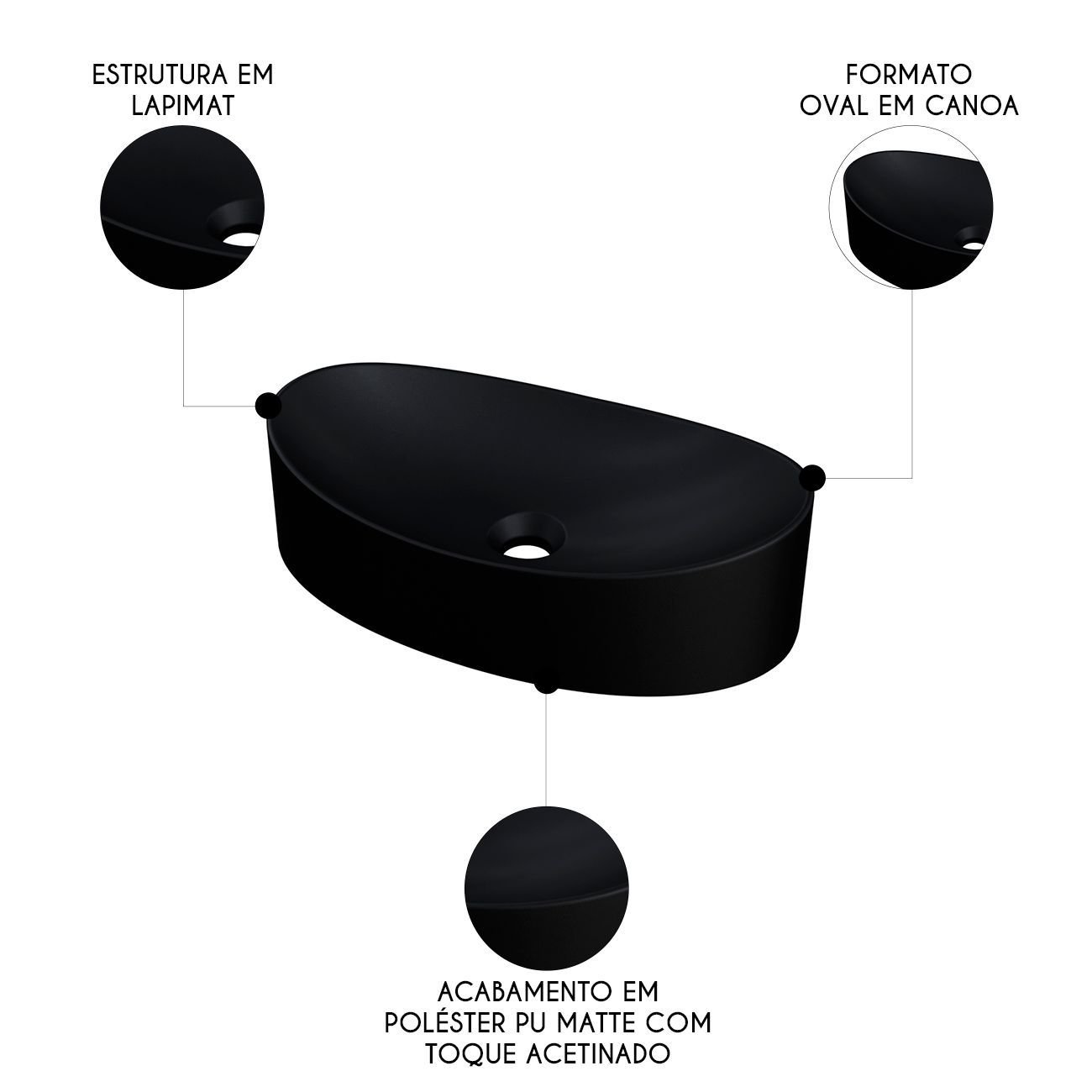 Cuba Pia para Banheiro Oval Canoa 46cm Tânia C08 Preto - Mpozenato - 3
