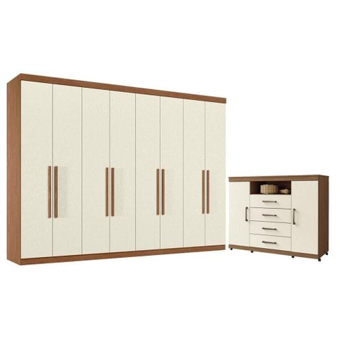 Guarda Roupa Casal Master New 8 Portas 4 Gavetas MDP Jatobá Areia com Cômoda Havana Santos Andirá