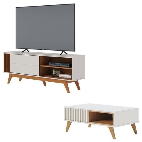 Bancada Otawa Off White Freijó com Mesa de Centro Jeri Off White Freijó - Colibri