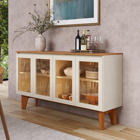 Aparador Balcão Buffet Krypton 4 Portas Reflecta com LED Yescasa Amadeirado/Marrom/Off White