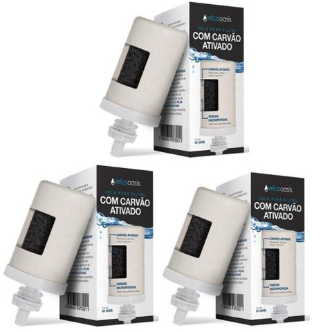 Kit 3 Vela Carvão Ativado Agua Alcalina Filtro de Barro