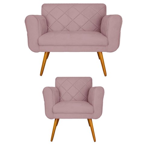 Kit Namoradeira e 1 Poltrona Estofada Para Sala de Tv Isabella Suede Rosê - LM DECOR