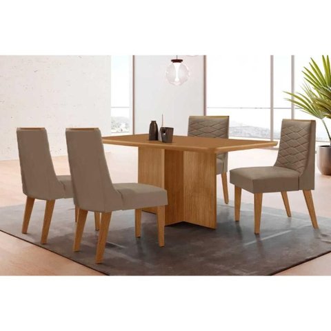 Conjunto: Mesa Sala Jantar Berlim Curvo 120cm + 4 Cadeiras Maldivas Naturale - Suede Capuccino -