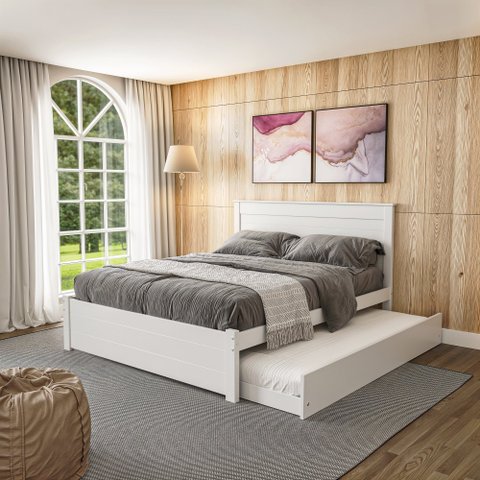 Conjunto Cama Queen Essenza com Cama Auxiliar em Madeira Maciça Mv Branco