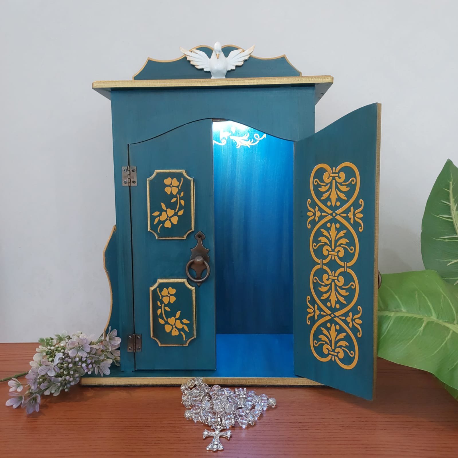 Oratório Capela Com Porta Para Imagens De Até 30cm -  Modelo Ouro Preto - Azul - **Com Iluminação ** - 4