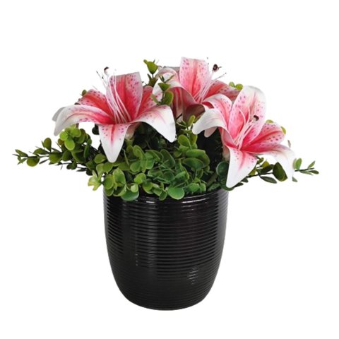 Arranjo de Sala e Mesa Flores Lírio Vaso Cerâmica Preto
