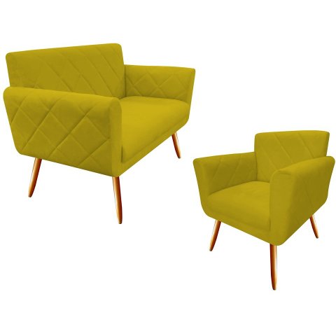 Kit Namoradeira + 1 Poltrona Decorativa Sabrina Couro Amarelo Pés Madeira Ms Decor