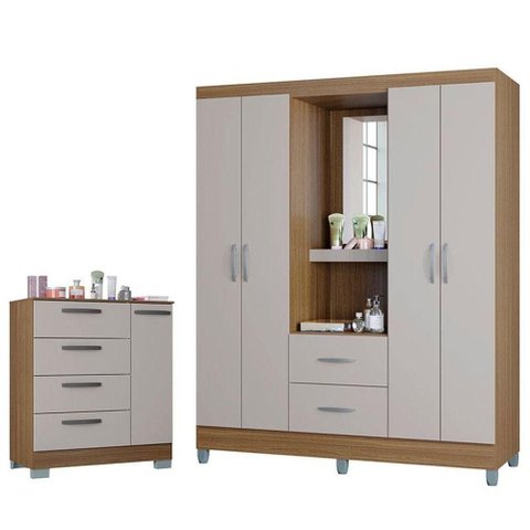 Cômoda 868 4 Gavetas e 1 Porta com Guarda Roupa Solteiro Córdoba 4 Portas Castanho Off White -