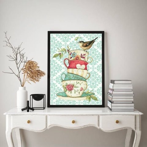 Quadro Vintage Cozinha Xícaras com Passarinho 24x18cm - com Vidro:madeira Branca