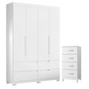 Ver imagem 1 de Guarda Roupa Solteiro Doble 4 Portas de Bater com Cômoda Mobi 4 Gavetas MDP Branco Flex Albatroz
