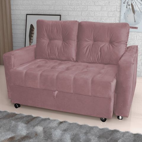 Sofá-Cama Verona Turkey Rosa em Veludo 140cm com Rodízios para Sala e Quarto