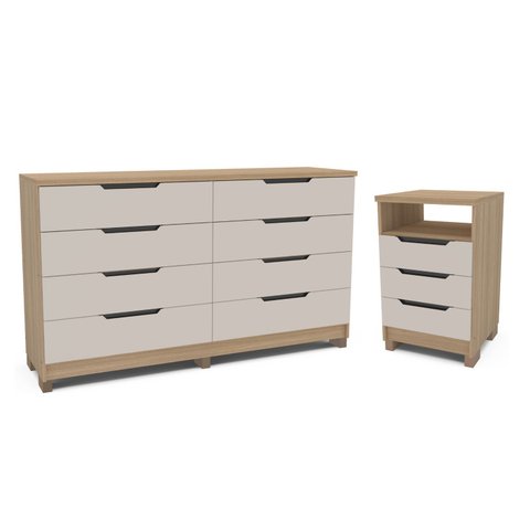 Conjunto Mesa de Cabeceira 45cm e Cômoda 8 Gavetas 160cm Barcelona Politorno Móveis