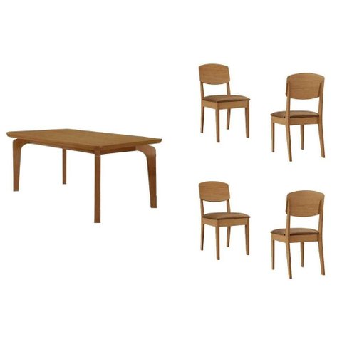 Sala de Jantar Completa Londrina C/ Tampo Madeirado C/ Vidro Canto Curvo 120x80cm 4 Cadeiras Havana