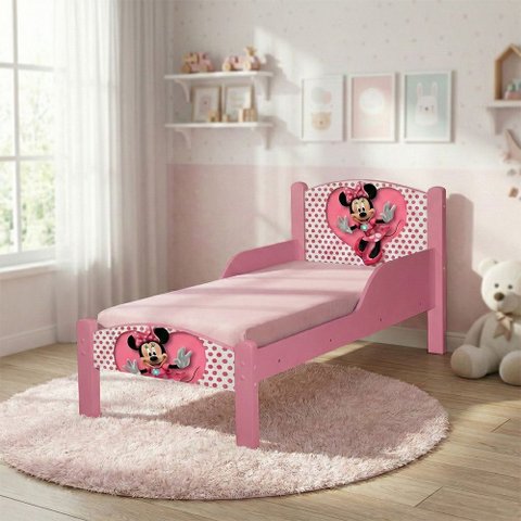 Mini Cama Infantil com Pés de Madeira Design Temático para Quarto de Criança - Minnie Rosa