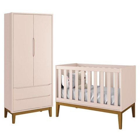 Jogo de Quarto Infantil Guarda Roupa 2 Portas e Berço Classic Rosa Fosco com Pés Amadeirado Reller