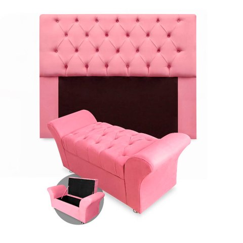 Kit Cabeceira Mirage + Calçadeira Baú Veneza Queen Size 160cm Suede - Ecotec Decor:Rosa