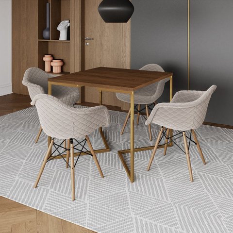 Jogo de Mesa Industrial Base Dourada Tampo Quadrado 90cm Amêndoa com 4 Poltronas Estofadas Nude