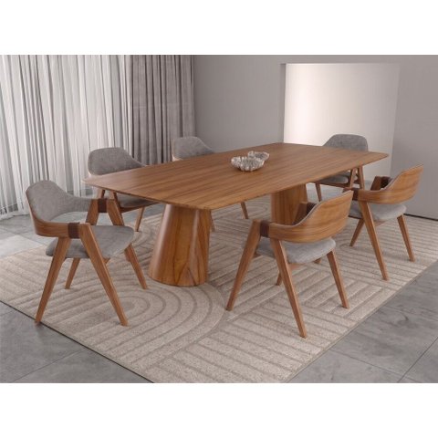 Sala de Jantar Santorini 180cm com 6 Cadeiras Madeira Maciça Ravena Cinamomo Linho Cinza