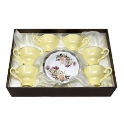 Jogo 6 Xícaras de Café C/ Pires 100ml Amarelo Floral Cerâmica Importada Premium Chá Presente 12pçs - 3