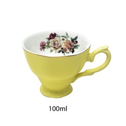 Jogo 6 Xícaras de Café C/ Pires 100ml Amarelo Floral Cerâmica Importada Premium Chá Presente 12pçs - 9