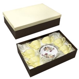 Jogo 6 Xícaras de Café C/ Pires 100ml Amarelo Floral Cerâmica Importada Premium Chá Presente 12pçs - 2