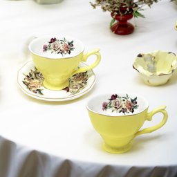 Jogo 6 Xícaras de Café C/ Pires 100ml Amarelo Floral Cerâmica Importada Premium Chá Presente 12pçs - 7