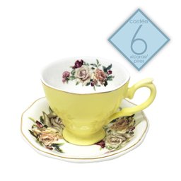 Jogo 6 Xícaras de Café C/ Pires 100ml Amarelo Floral Cerâmica Importada Premium Chá Presente 12pçs - 6